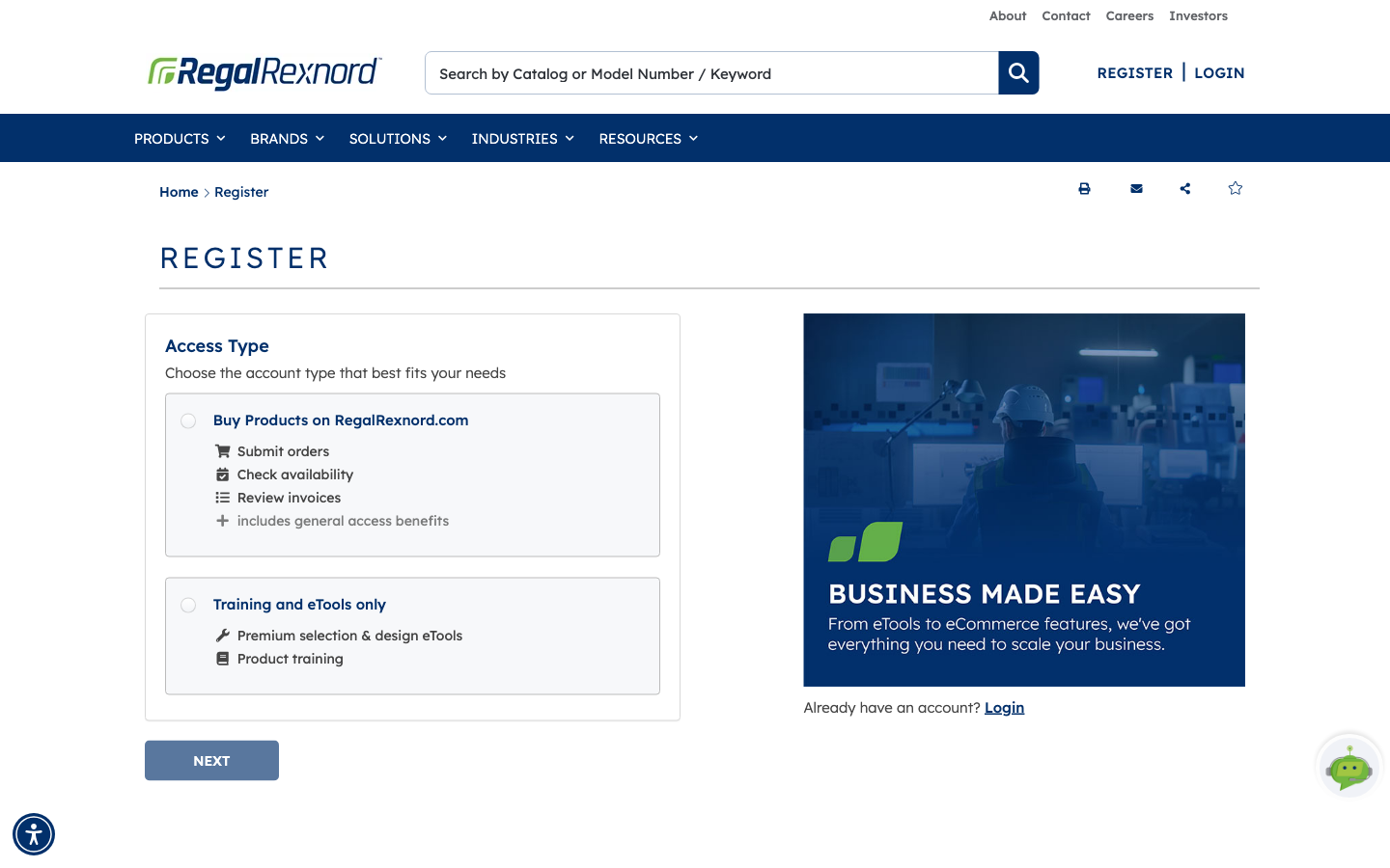 The Register page showing the Access Type step with two options — Buy Products on RegalRexnord.com and Training and eTools only — and a disabled NEXT button