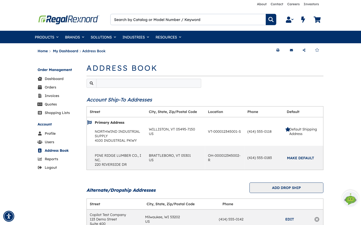 The Address Book page showing Account Ship-To Addresses with a primary address marked as the default shipping address, and the Alternate/Dropship Addresses section below with an ADD DROP SHIP button