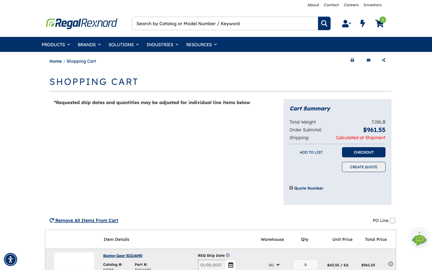 The Shopping Cart page with one line at standard pricing and, in the Cart Summary panel, a collapsed plus-sign Quote Number section beneath the CHECKOUT and CREATE QUOTE buttons