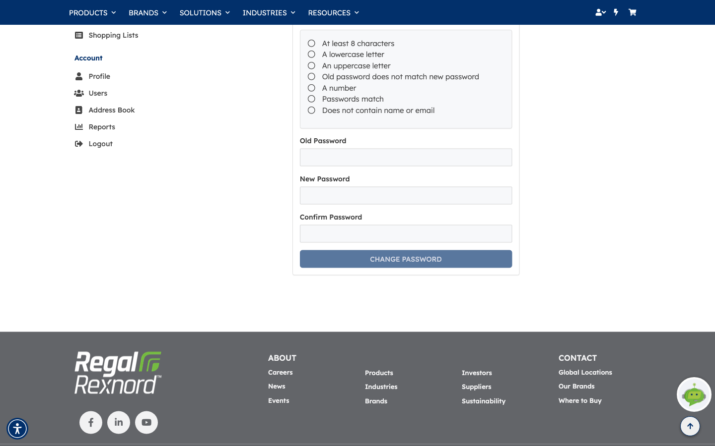 The Change Password form showing the password policy checklist with all rules unticked, the Old Password, New Password and Confirm Password fields, and a disabled CHANGE PASSWORD button