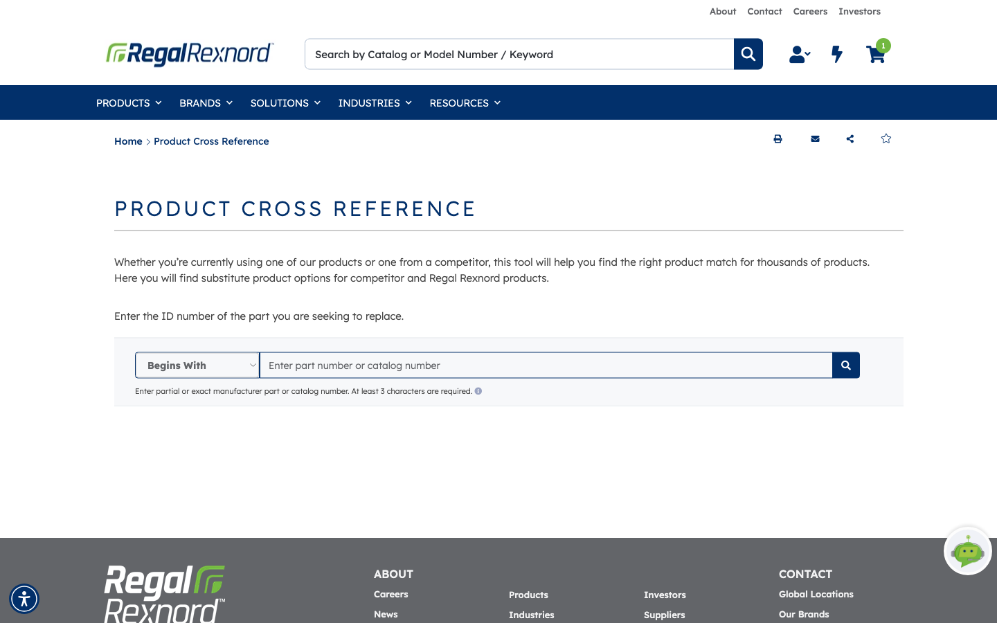 The Product Cross Reference page with its match-type dropdown set to Begins With and an empty part number field