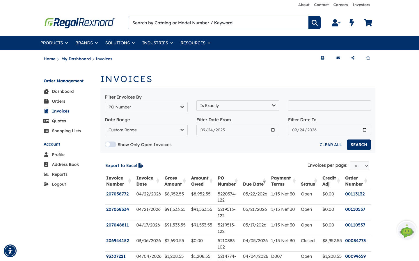 The Invoices list with Filter Invoices By, Date Range and Show Only Open Invoices controls above a table of invoices showing invoice number, date, amounts, PO number, due date, terms, status and order number