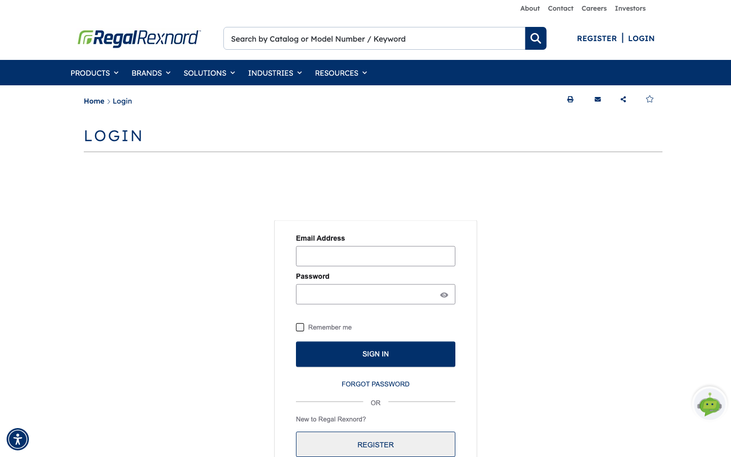 The Regal Rexnord login page with empty Email Address and Password fields, a Remember me checkbox, and SIGN IN, FORGOT PASSWORD and REGISTER options