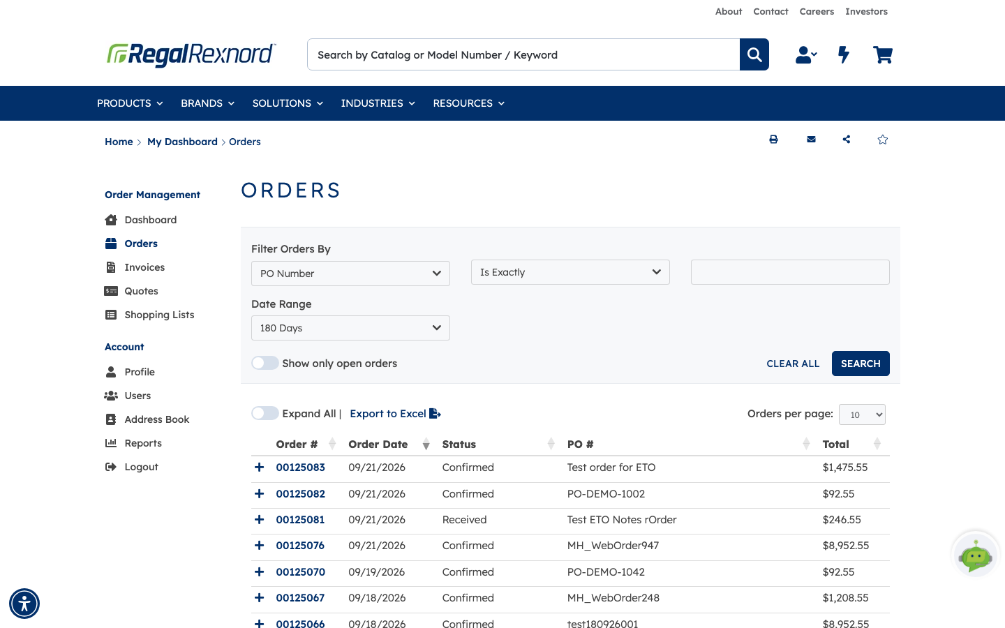 The Orders list with Filter Orders By, Date Range and Show only open orders controls above a table of orders showing order number, date, status, PO number and total