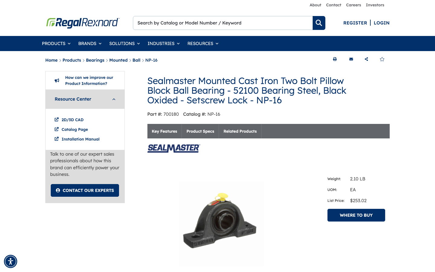 Product detail page for part 700180 showing title, part number, price, and WHERE TO BUY button