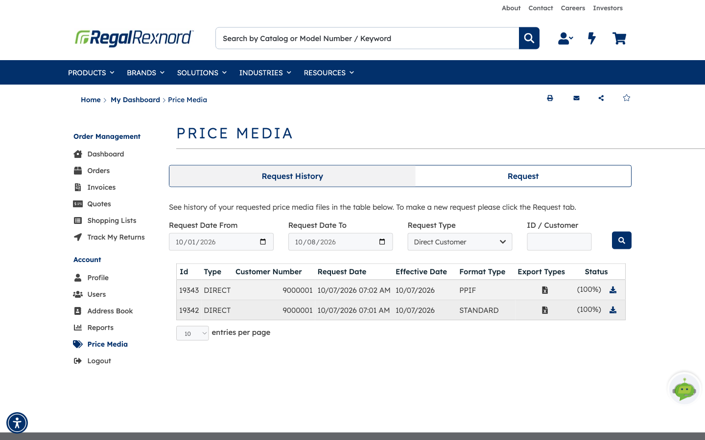 Price Media page opening on the Request History tab