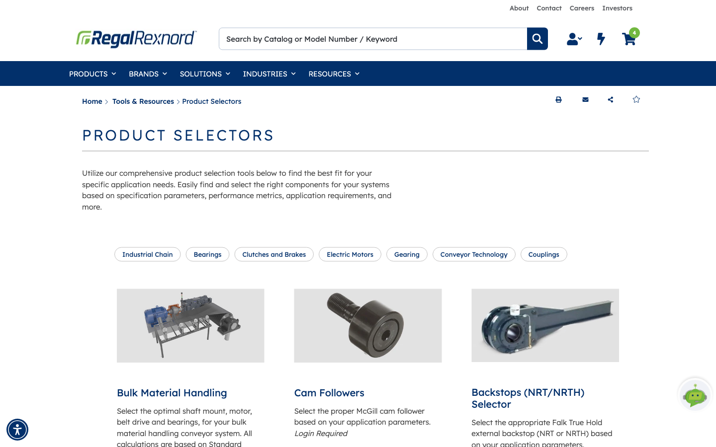 The Product Selectors landing page showing category filter chips and cards for the available selection tools