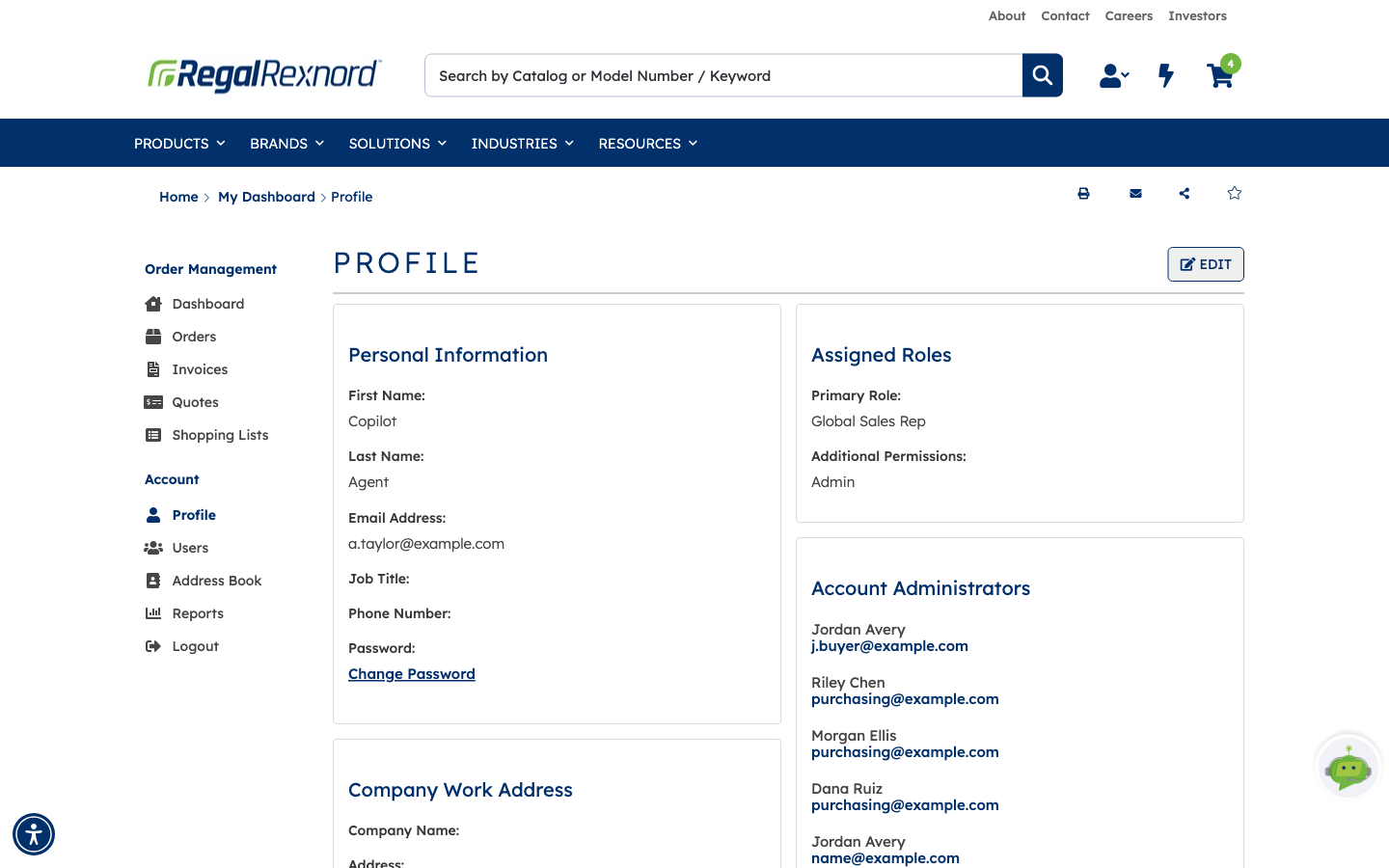 The Profile page showing Personal Information, Assigned Roles with a primary role and additional permissions, and an Account Administrators panel on the right