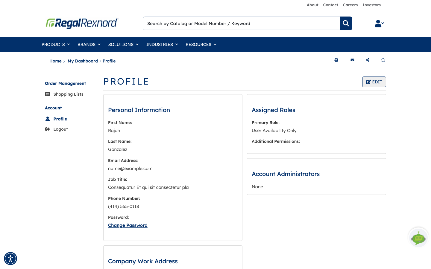 Profile page showing the Assigned Roles and Account Administrators panels