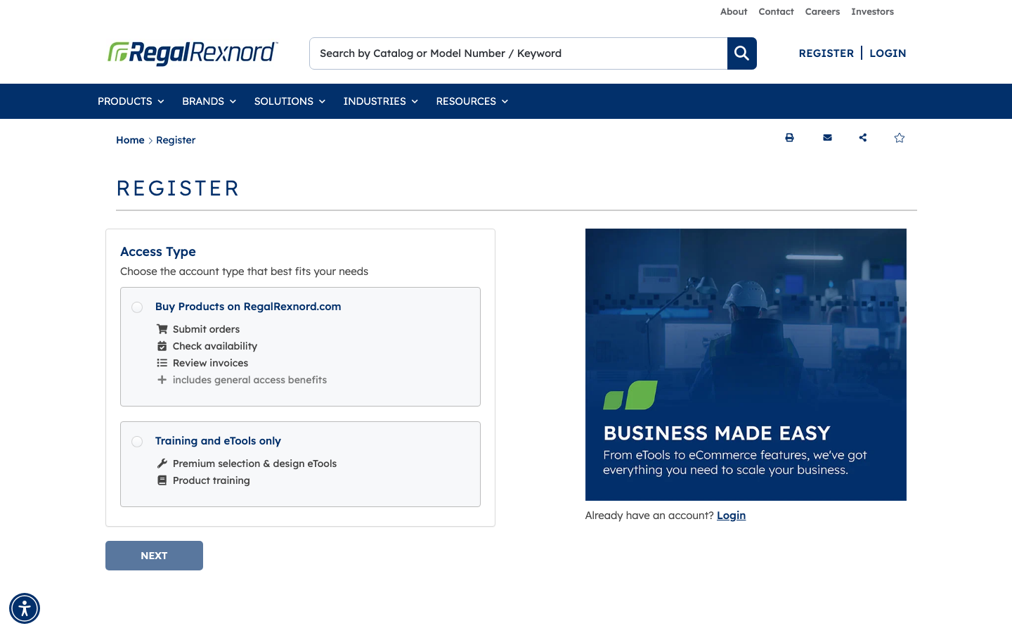 Registration landing page showing the Register for Access form