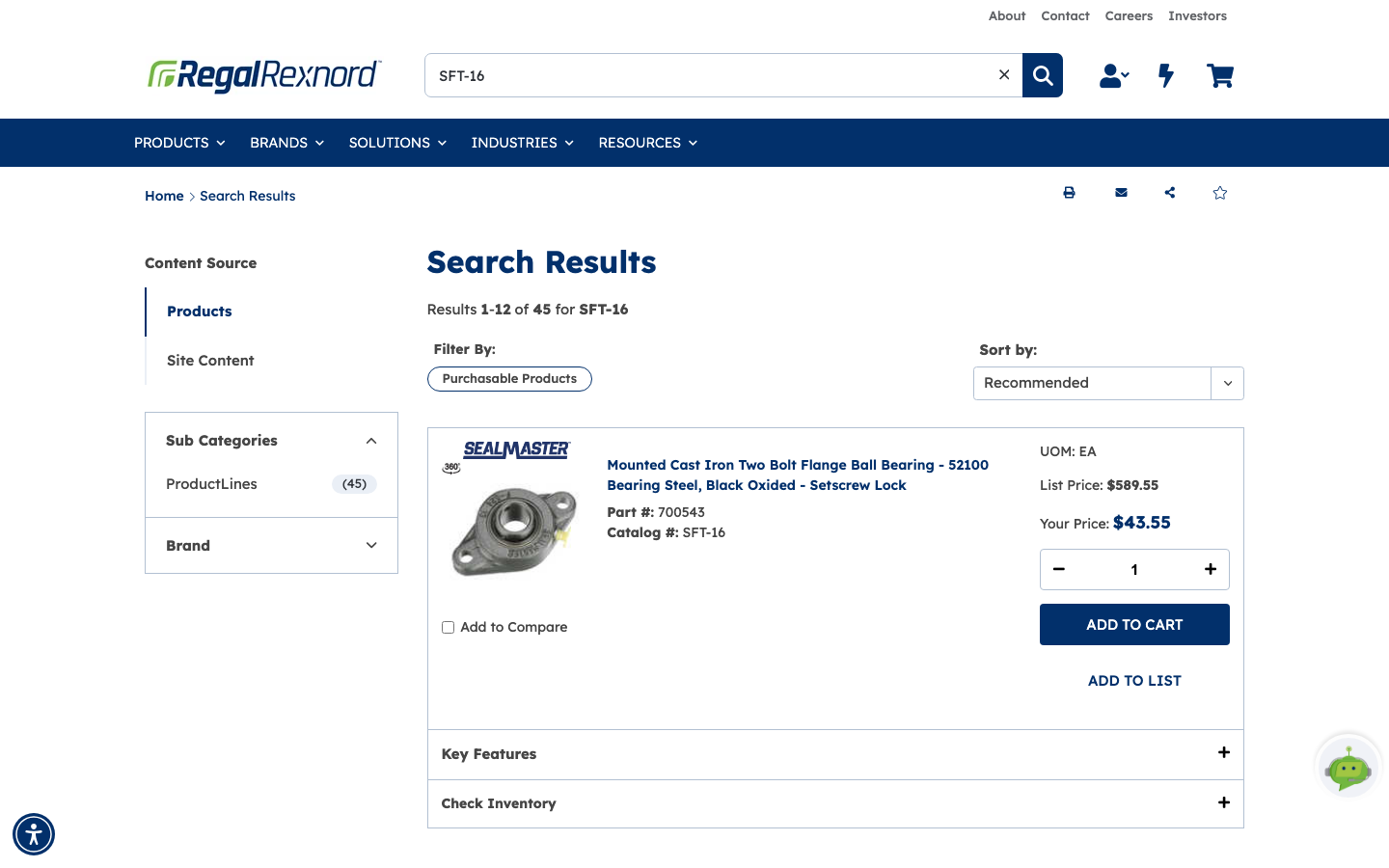 Search results for SFT-16 showing a Sealmaster flange bearing with part number, catalog number, List Price, Your Price, quantity box, and Add to Cart and Add to List buttons