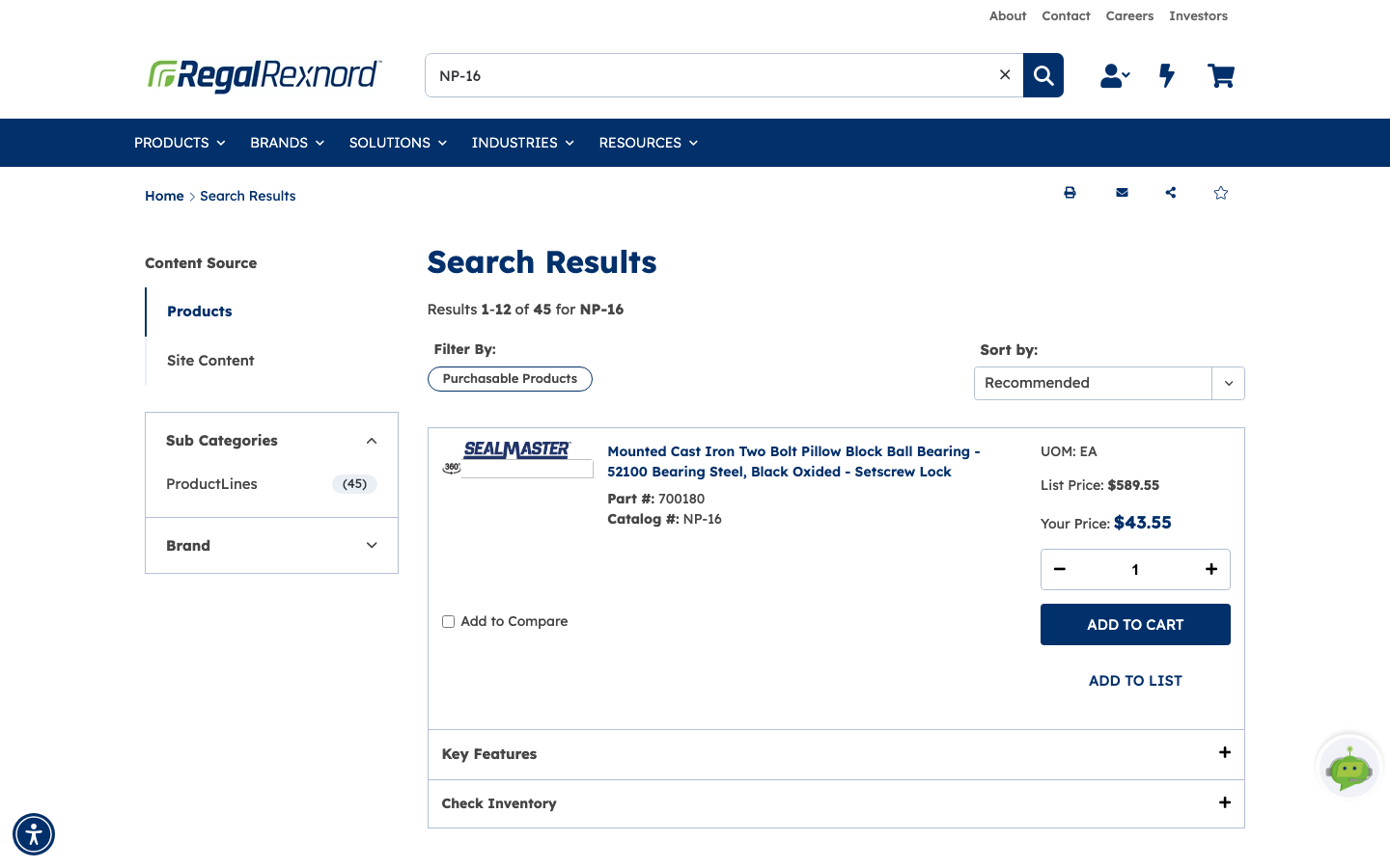 Search results for NP-16, showing the first matching product with its list price, your price, a quantity selector and ADD TO CART and ADD TO LIST buttons, above Key Features and Check Inventory panels