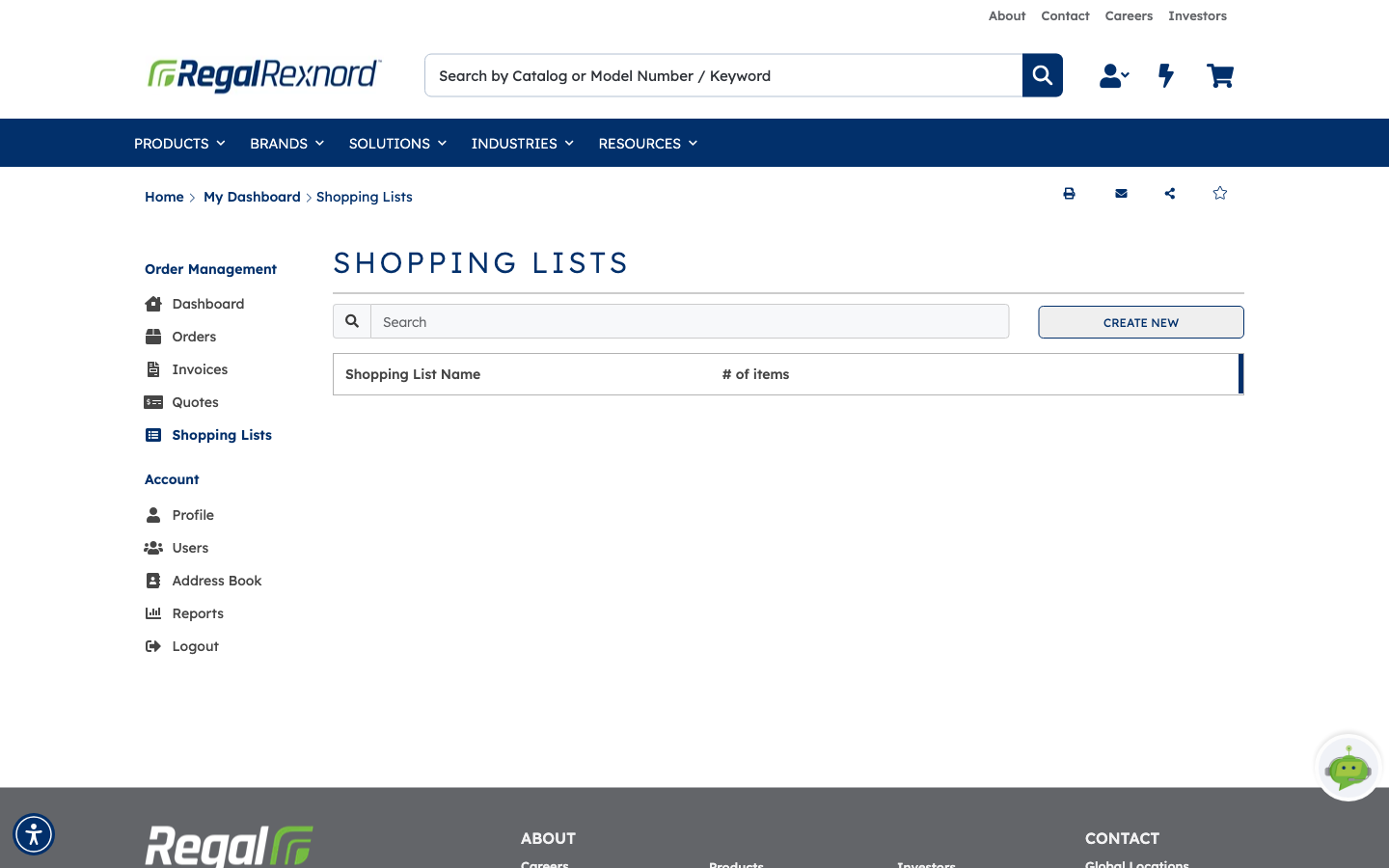 The Shopping Lists page with Search and CREATE NEW