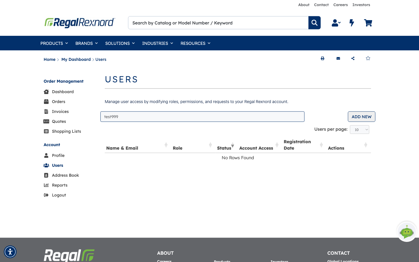 The Users page filtered by an email address, showing the column headers and No Rows Found