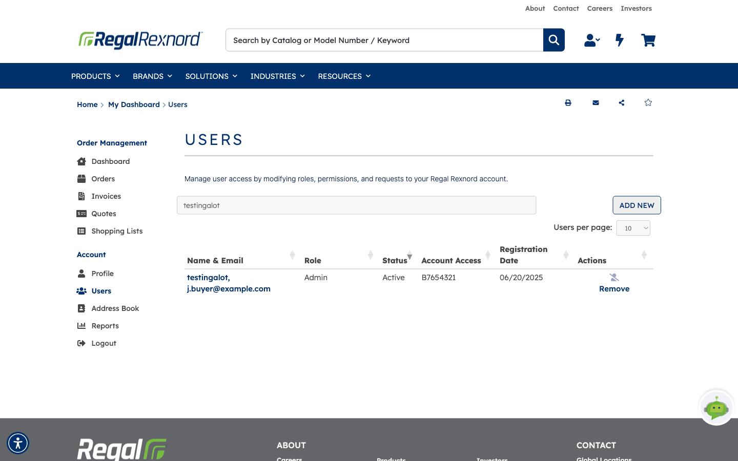 The Users page filtered to a single active user, showing their role, status, account access and a Remove action at the end of the row
