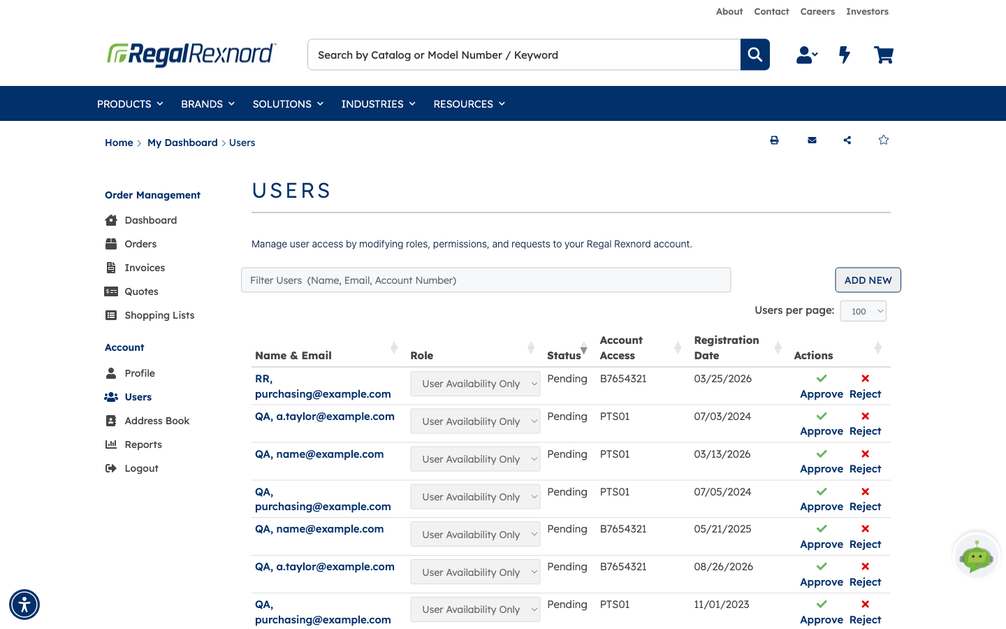 Users list showing pending requests with Approve and Reject links