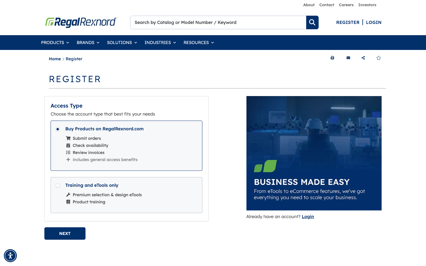 Access type selection with Buy Products on RegalRexnord.com chosen