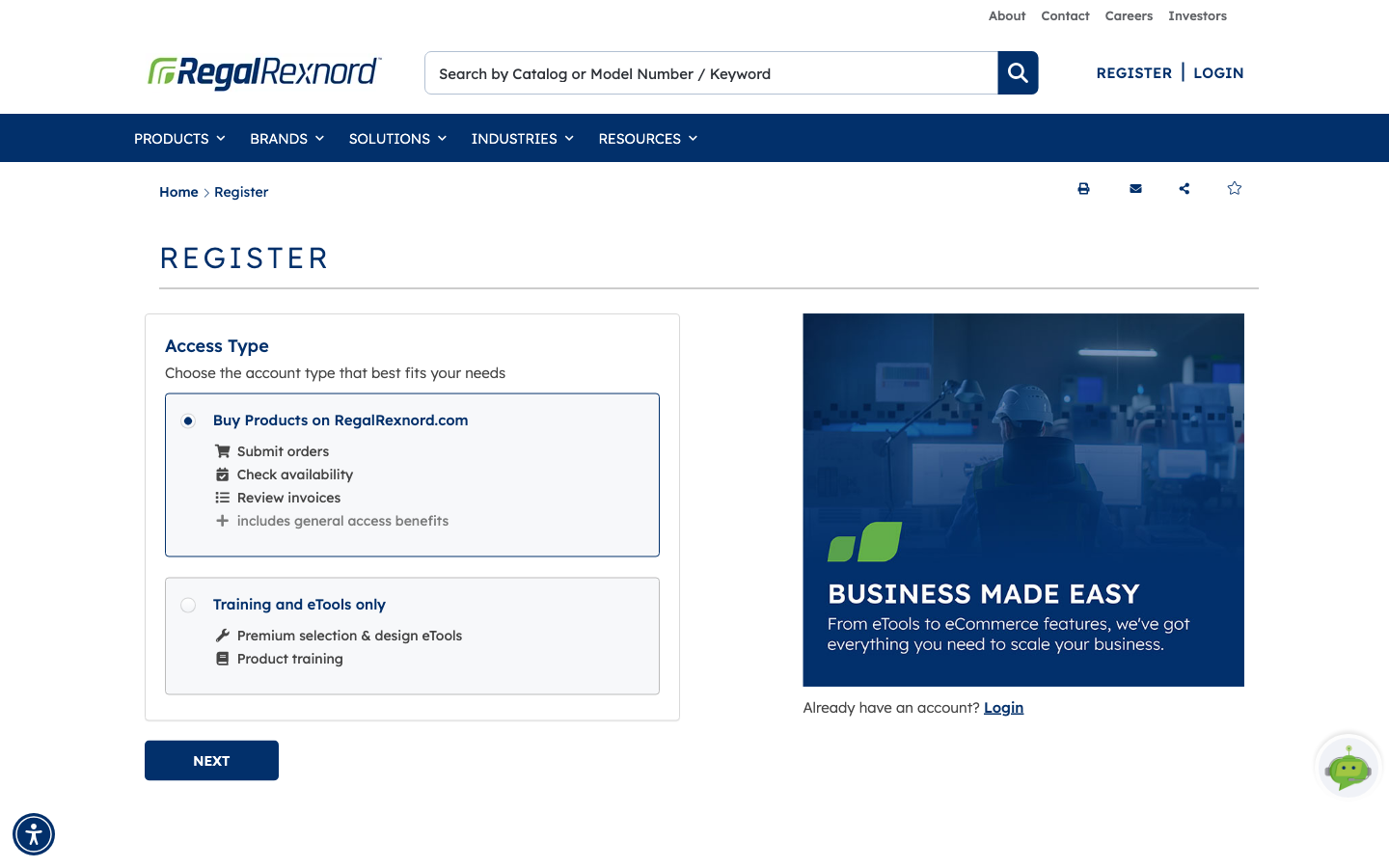 The Access Type step with Buy Products on RegalRexnord.com selected and the NEXT button now enabled