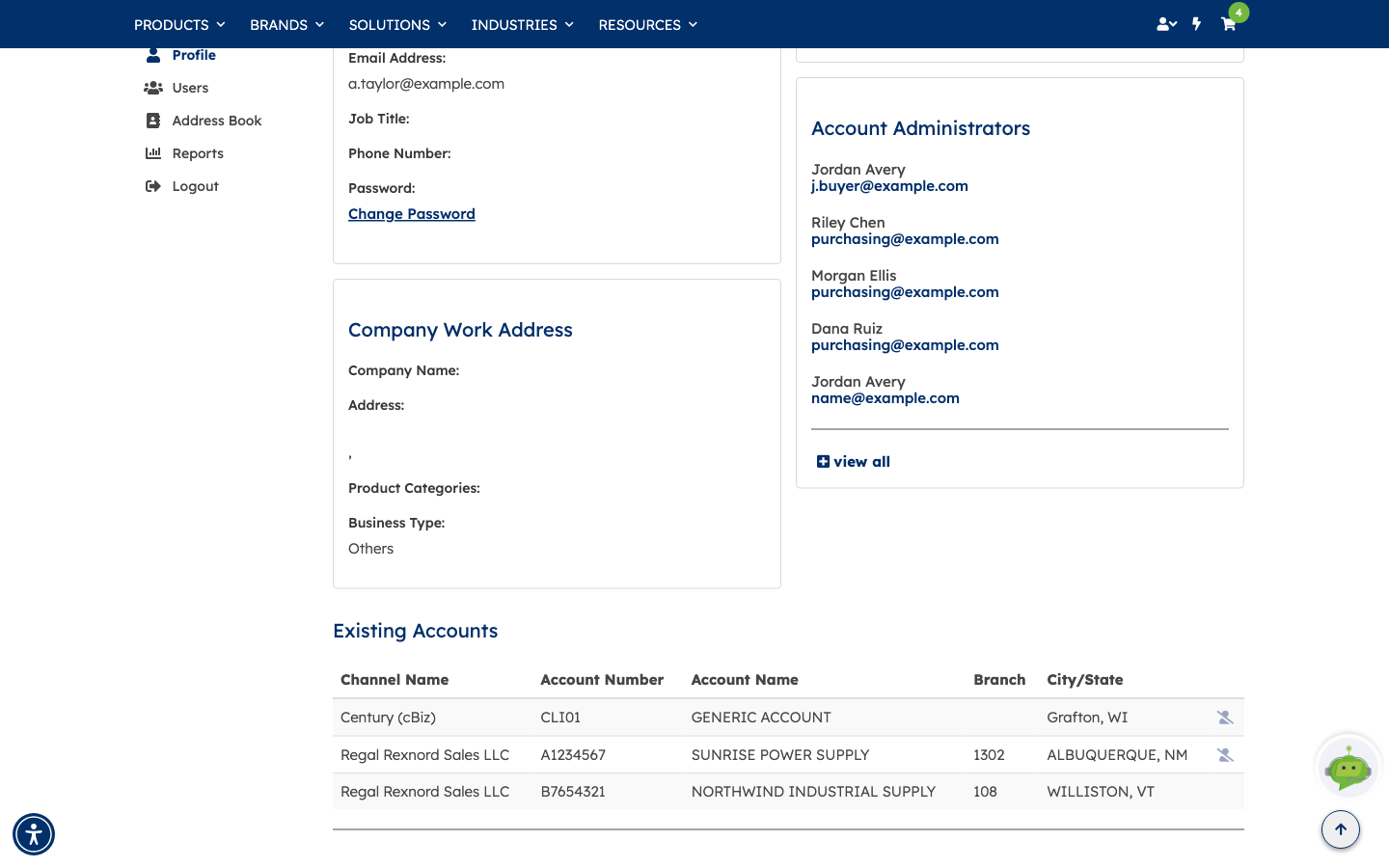 The Account Administrators panel listing several administrators, each with their name and a clickable email address, and a view all link at the foot of the panel