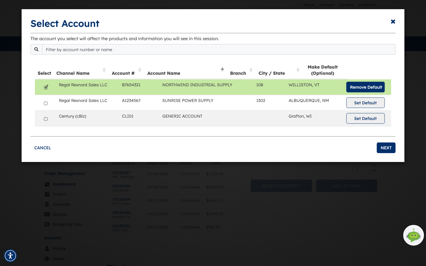 The Select Account window listing three accounts with channel, account number, name, branch and city/state, the current default highlighted, and CANCEL and NEXT at the bottom