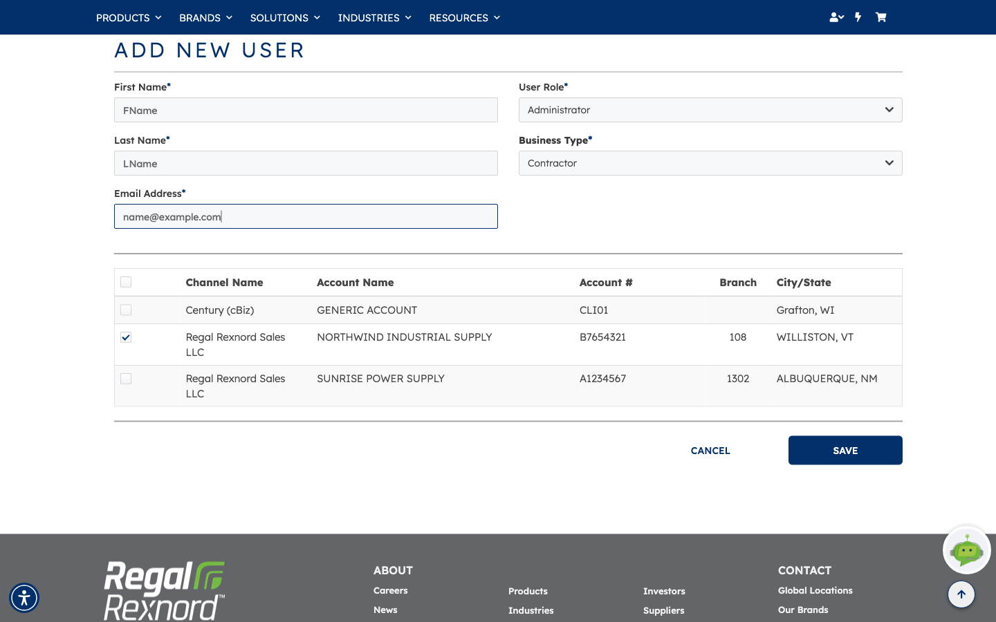 The Add New User form with first name, last name and email filled in, user role and business type selected, and one account ticked in the account access table