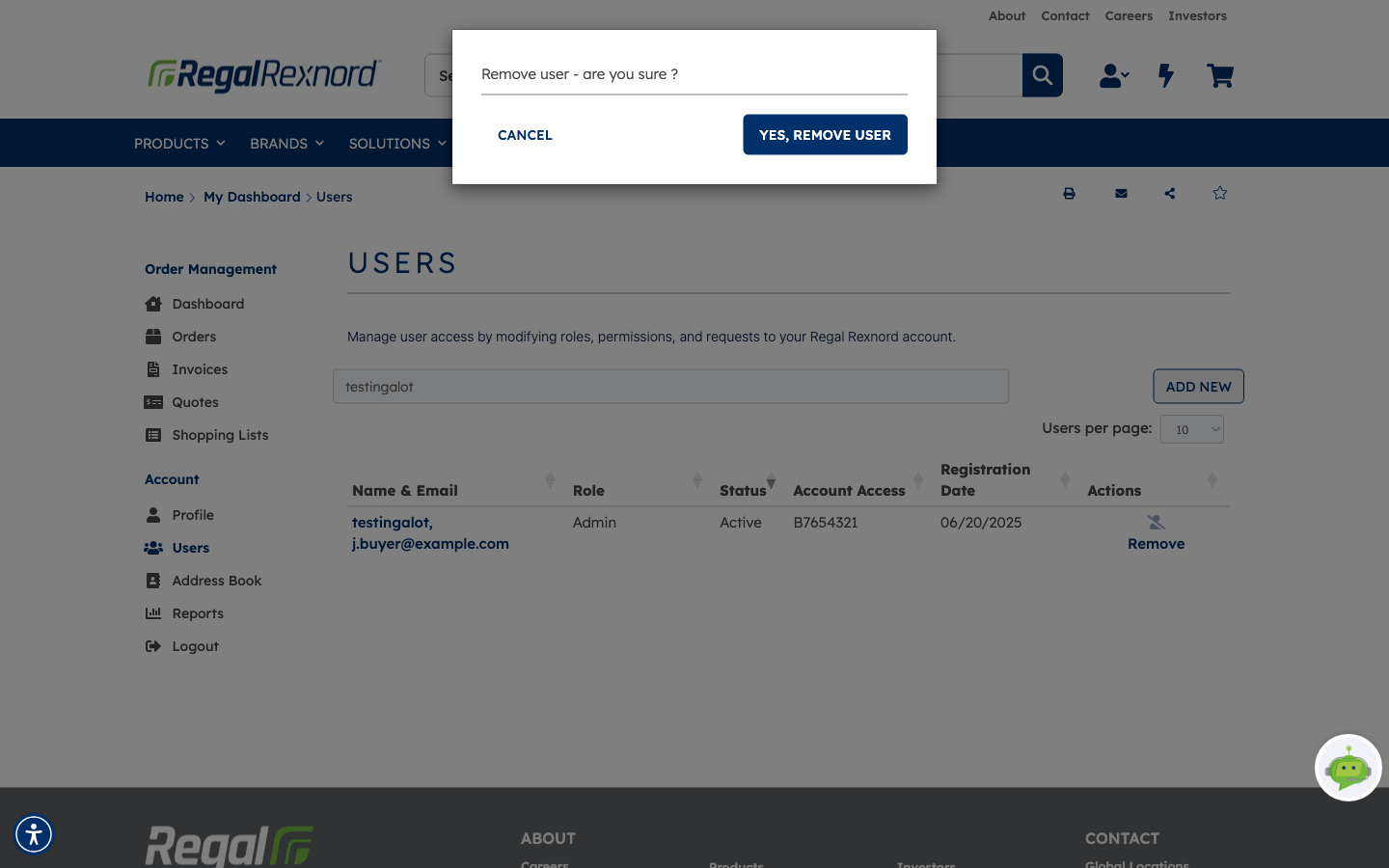 The removal confirmation dialog reading Remove user - are you sure, with CANCEL and YES, REMOVE USER buttons over the filtered Users list