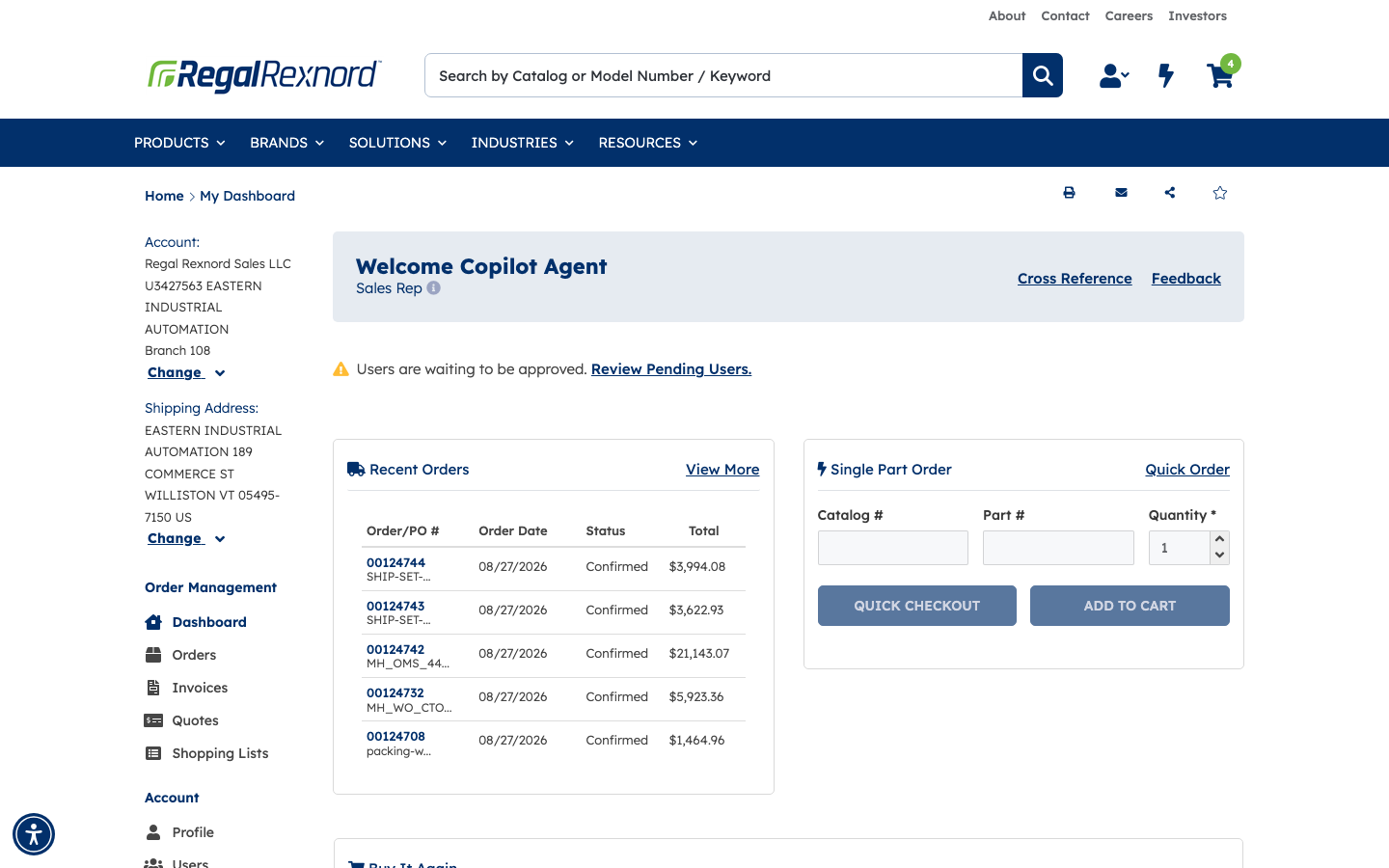Account Management dashboard showing Welcome Copilot Agent on account U3427563