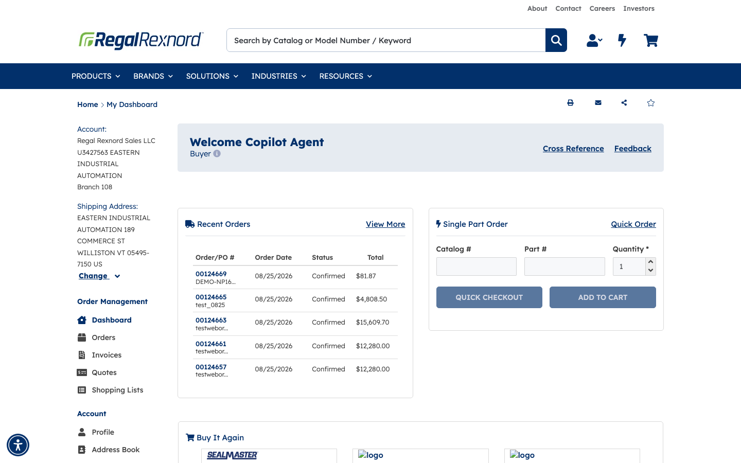 Dashboard showing Welcome Copilot Agent and the Quick Order link