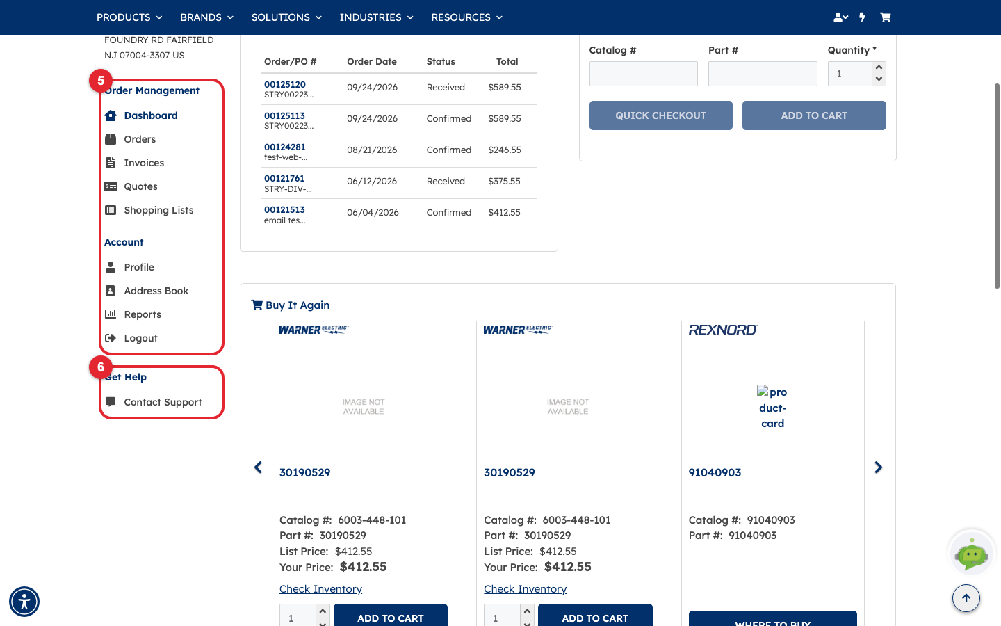 The left-hand menu, with the Order Management and Account links outlined as 5 and Get Help outlined as 6