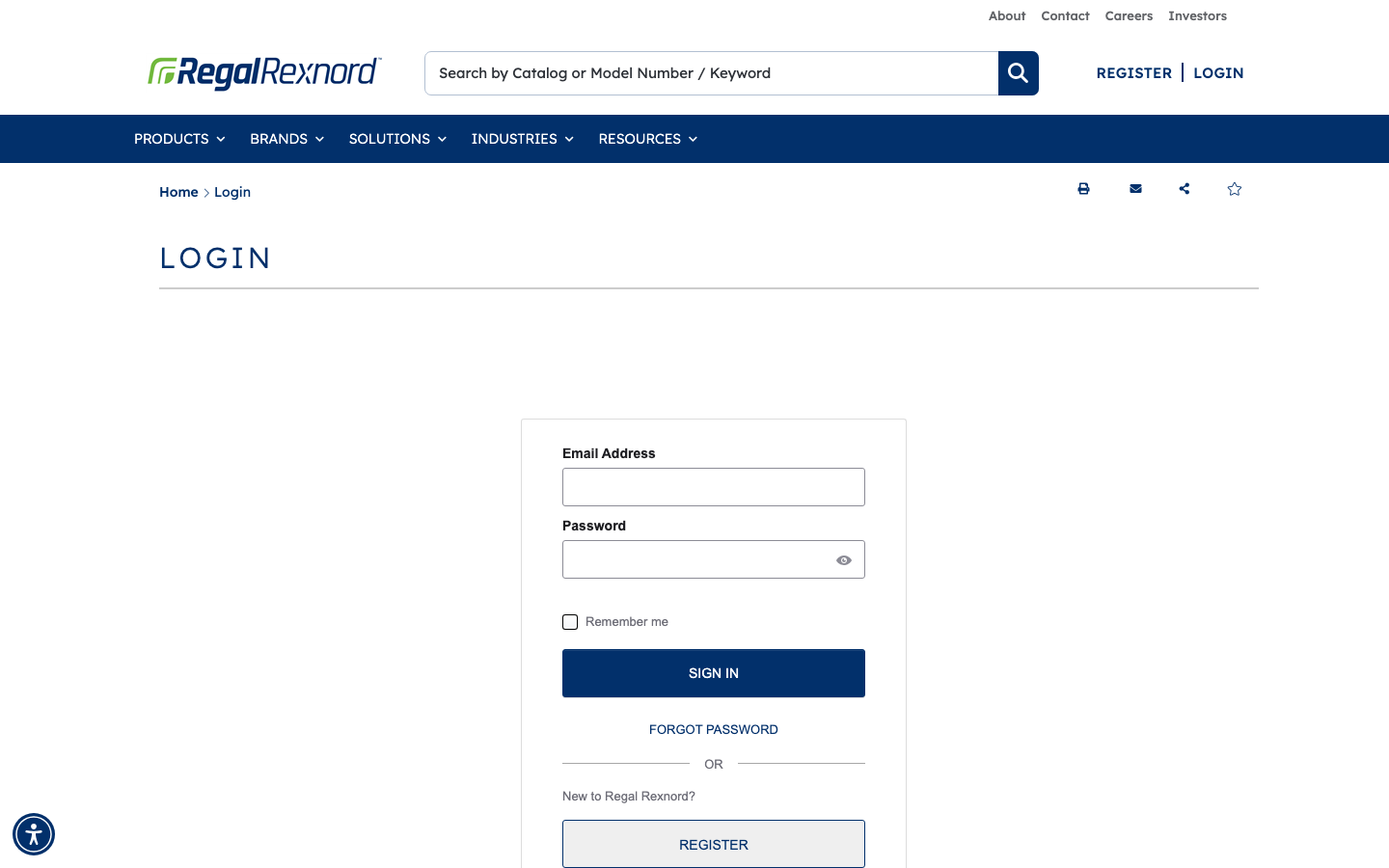 Regal Rexnord login page with Email Address and Password fields