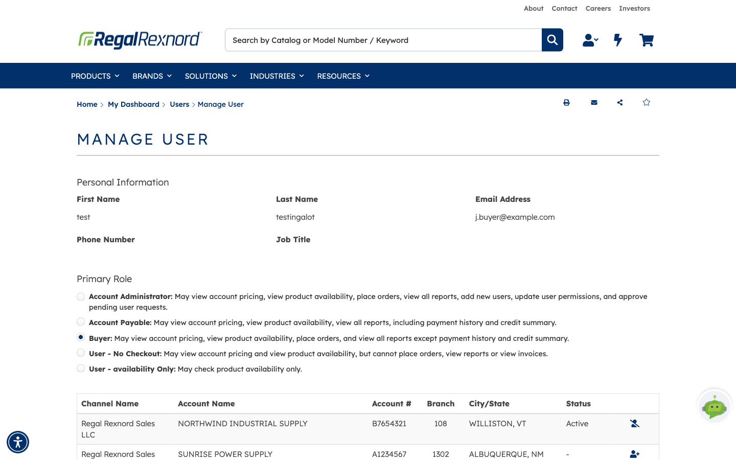 The Manage User page showing read-only personal information and the Primary Role radio list with each role's permissions spelled out, Buyer currently selected