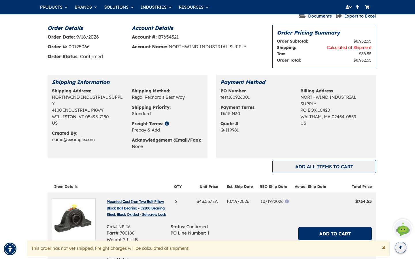The Order Detail page showing order details, account details and pricing summary across the top, with shipping information and payment method below