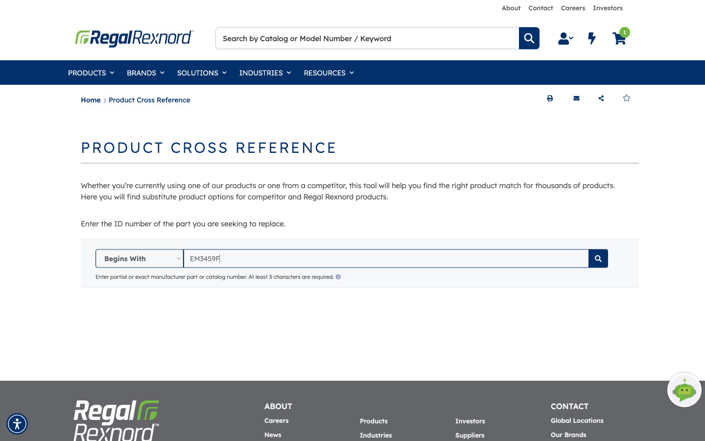 The cross reference form with part number EM3459F entered