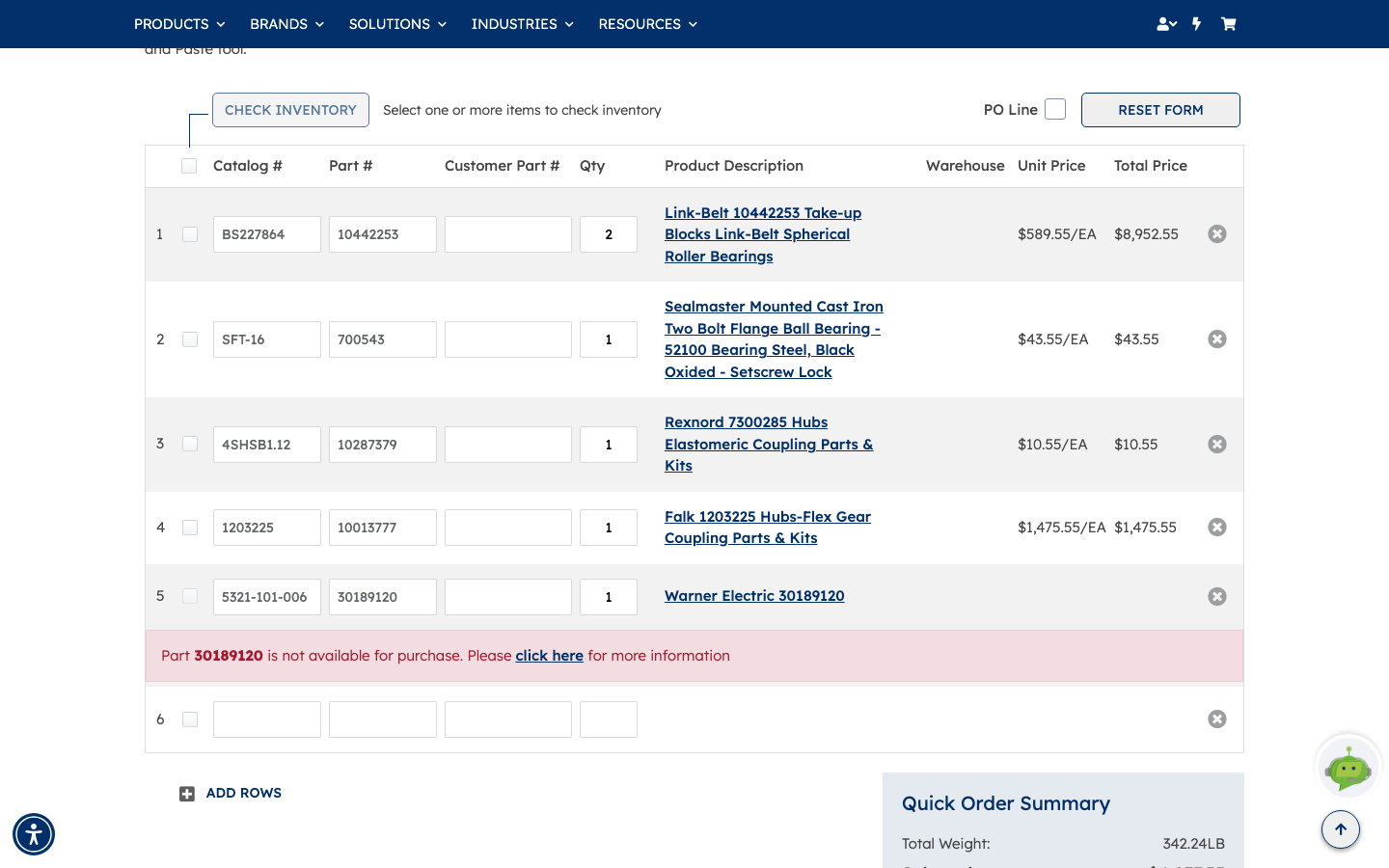 The Quick Order grid with five parts entered, row 1 at quantity 2, resolved descriptions and pricing on four rows, and a red validation message on row 5 saying the part is not available for purchase