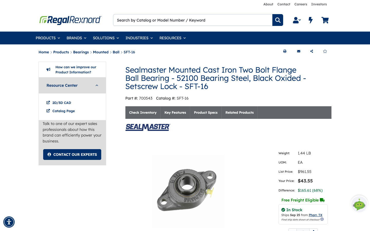 Product detail page for the Sealmaster SFT-16 flange bearing showing part and catalog numbers, product image, and a pricing panel with weight, unit of measure, List Price, Your Price, Difference and Free Freight Eligible
