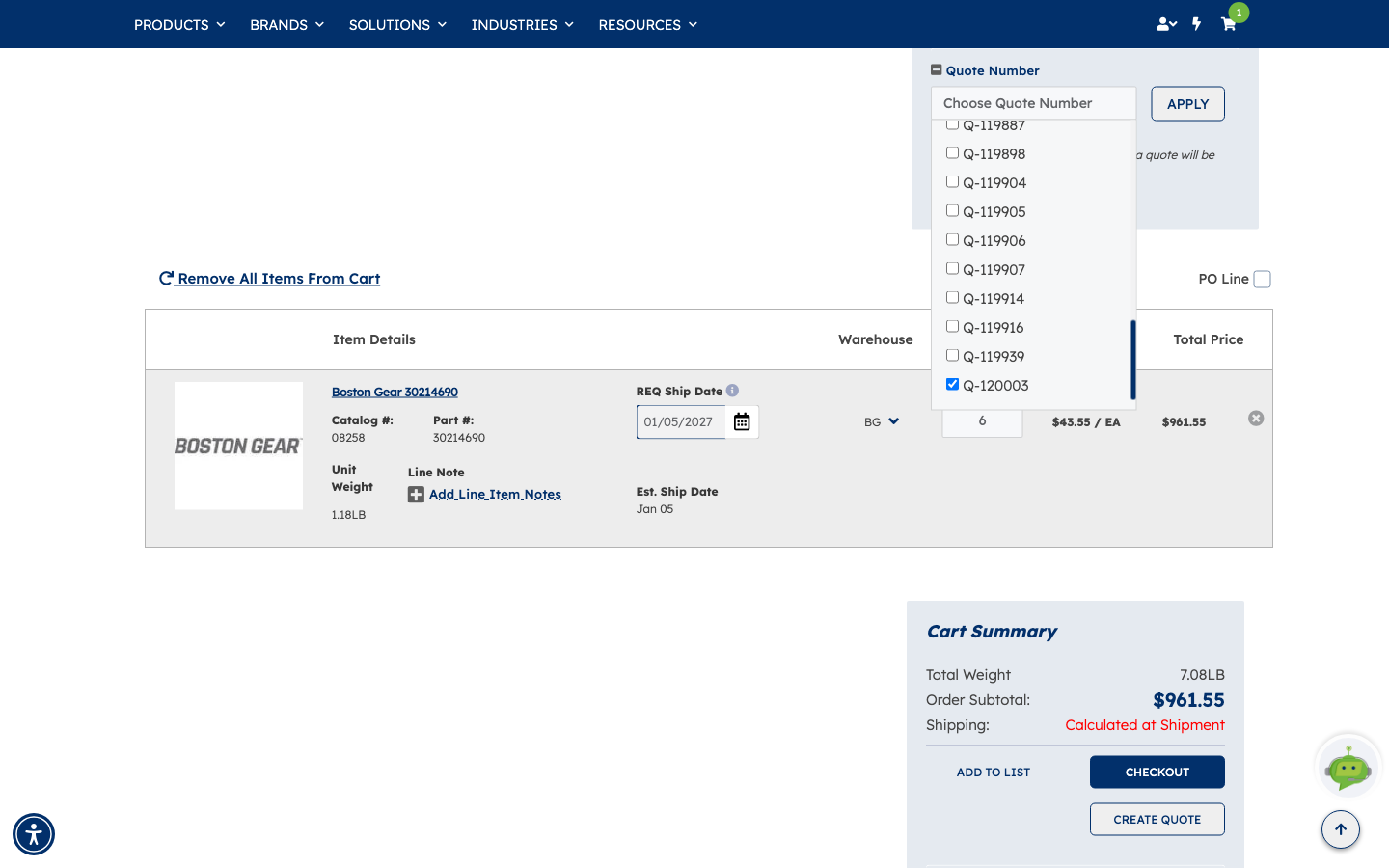 The expanded Quote Number section showing a scrollable list of quote numbers with tick boxes, one ticked, and an APPLY button alongside
