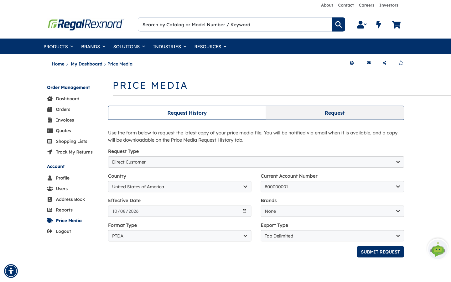The Request tab with the new request form
