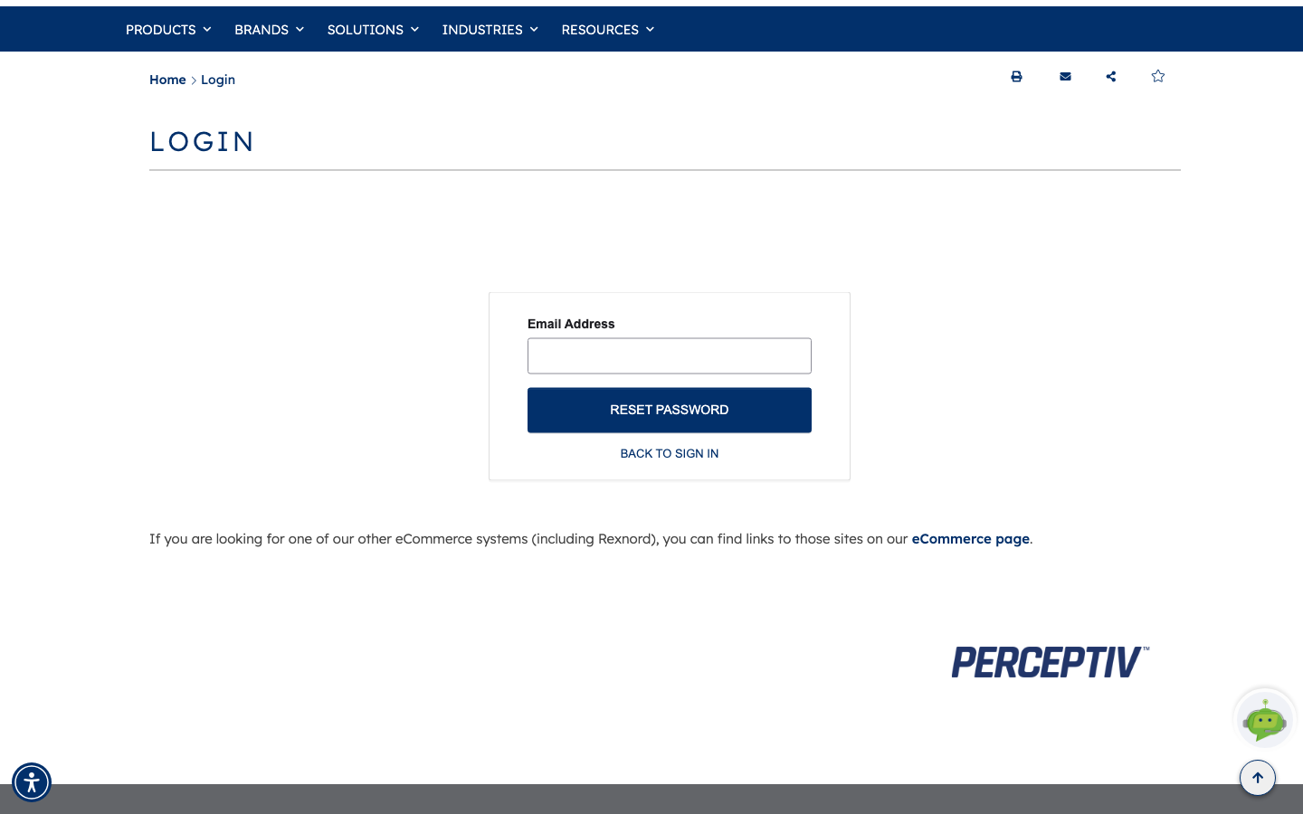 The password reset panel with a single Email Address field, a RESET PASSWORD button and a BACK TO SIGN IN link