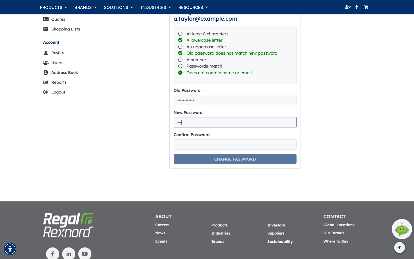 The form with a short password typed into New Password, showing some checklist rules ticked green and others still unmet