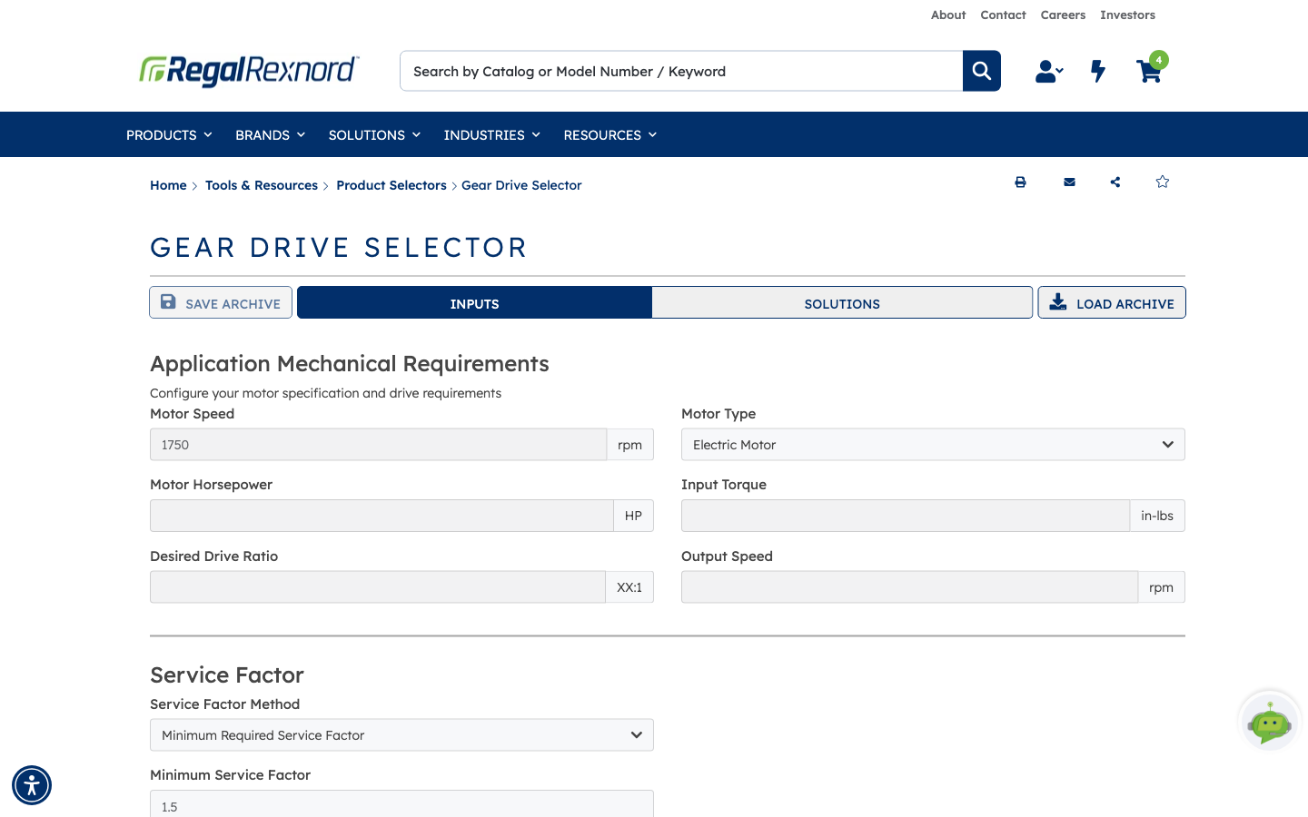 The Gear Drive Selector Inputs tab showing the Application Mechanical Requirements section with Motor Speed, Motor Type, Motor Horsepower, Input Torque, Desired Drive Ratio and Output Speed
