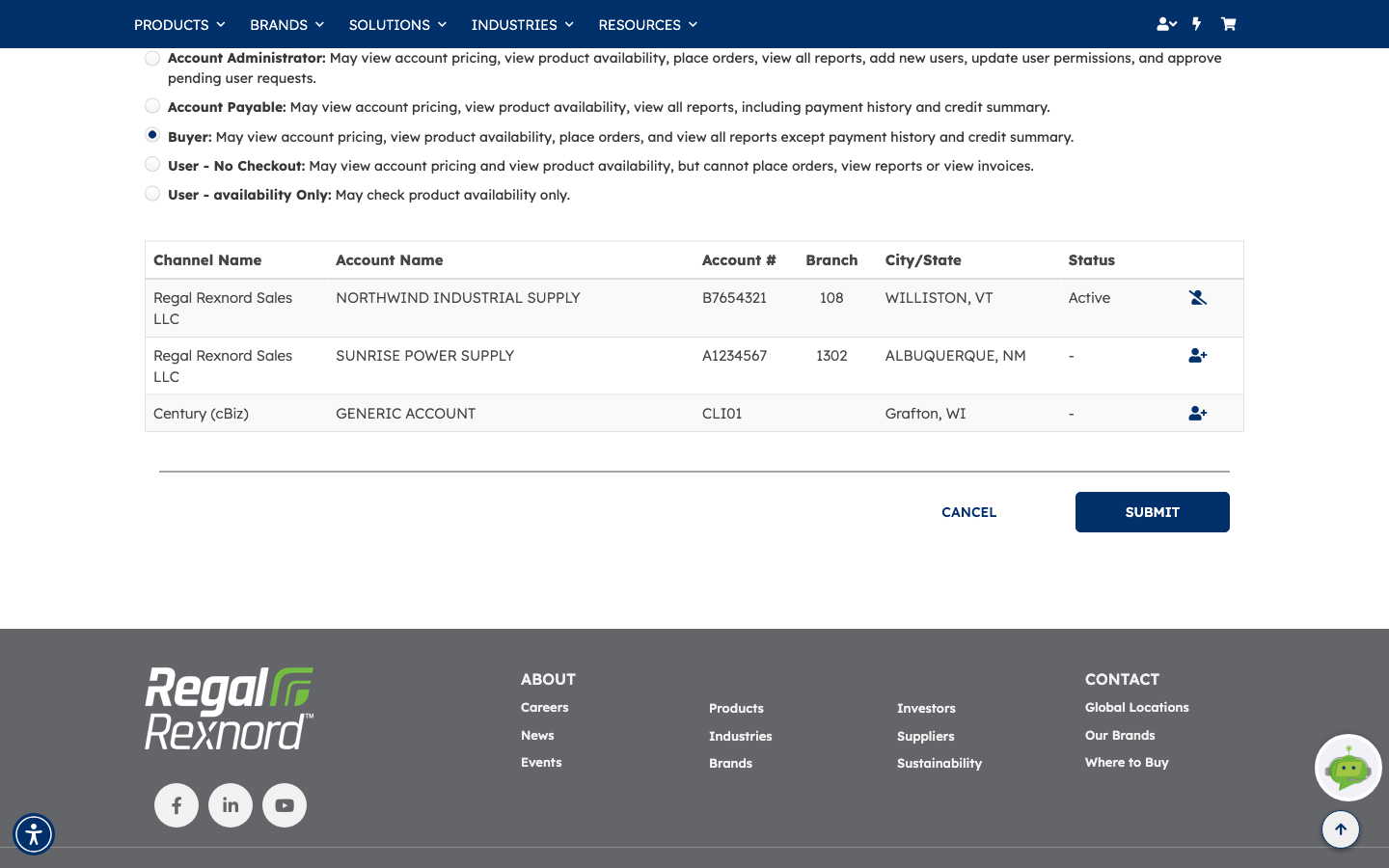 The account access table listing three accounts with channel, account name, number, branch, location and status, with an action icon on each row, above the CANCEL and SUBMIT buttons