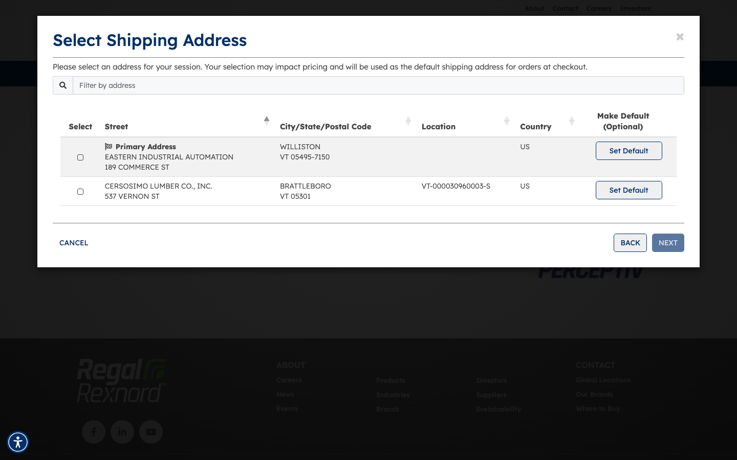 Account selector panel showing available shipping accounts