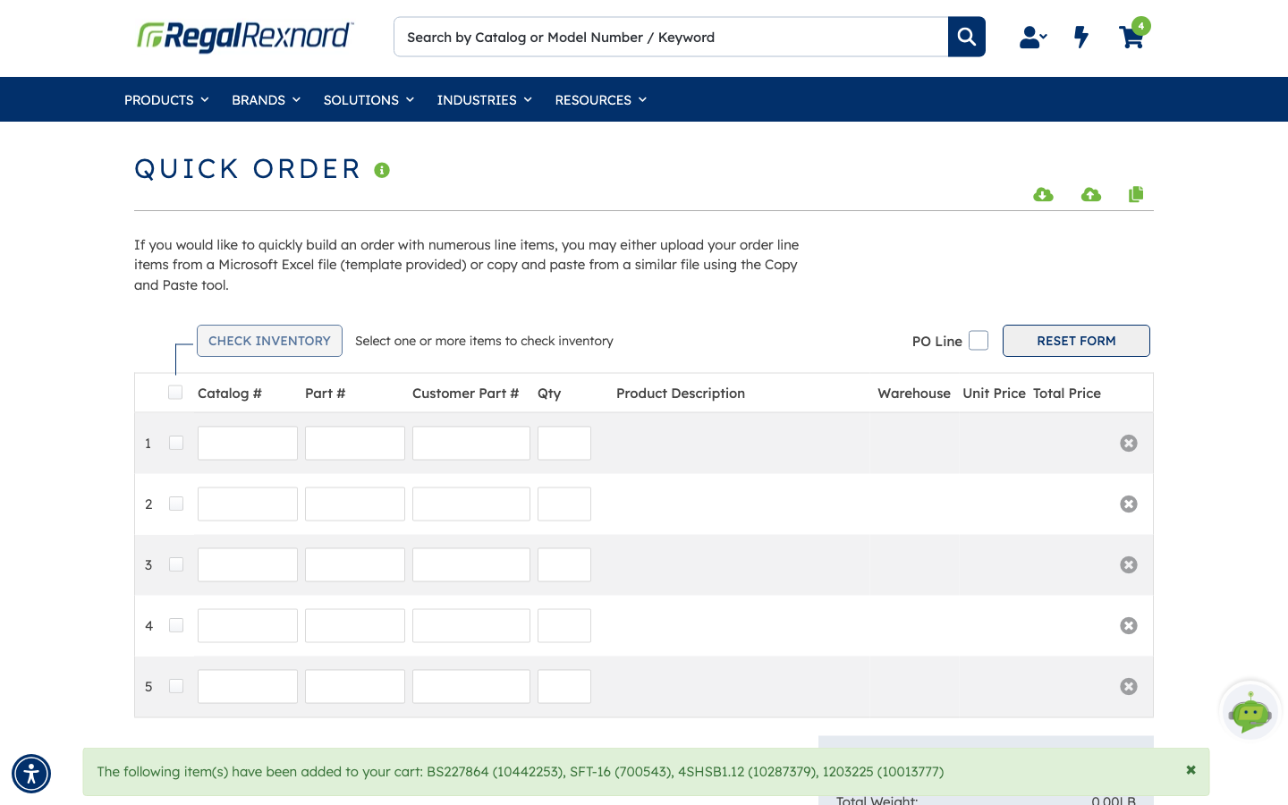 The Quick Order page after adding to cart, showing a green confirmation listing the four catalog and part numbers added, a cleared grid, and the header cart count showing four items