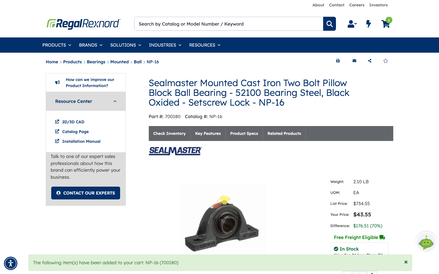 The product page with a green confirmation banner naming the item added to the cart, and the header cart badge showing one item