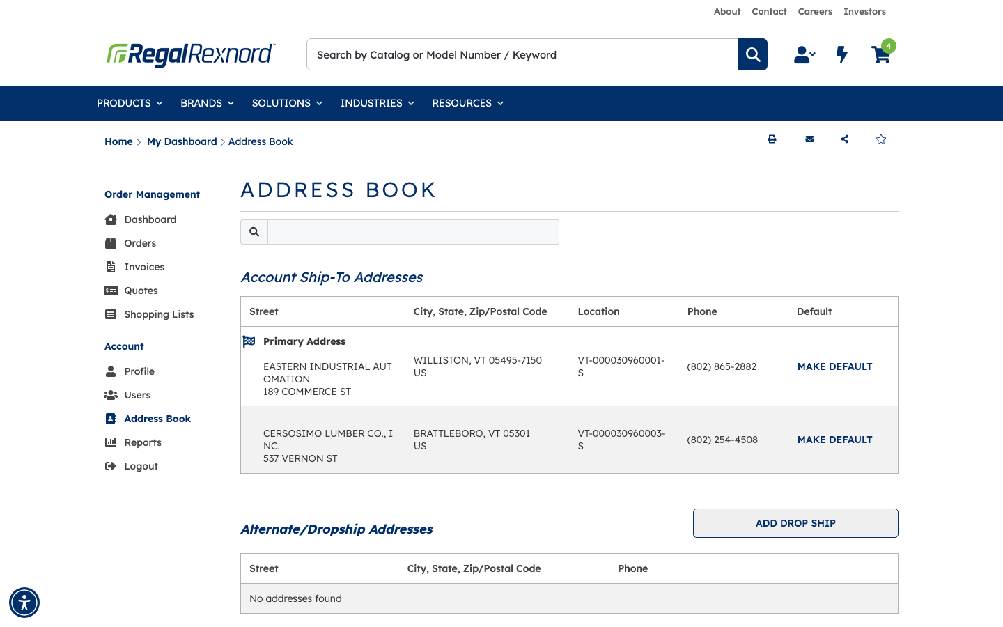 Address Book showing account ship-to addresses and an empty dropship list