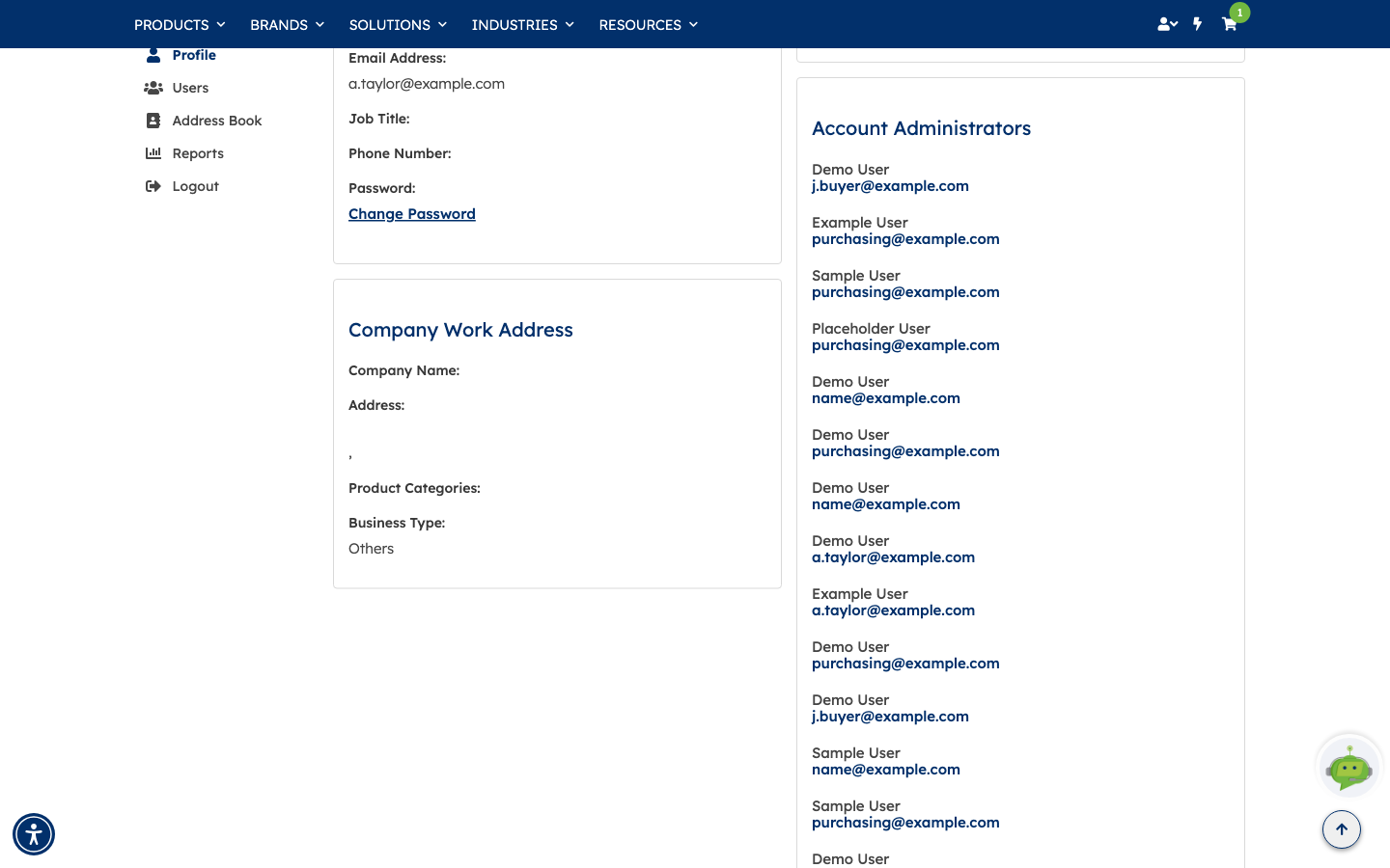 The Account Administrators panel after clicking view all, showing the full list of administrators with their names and clickable email addresses running down the page