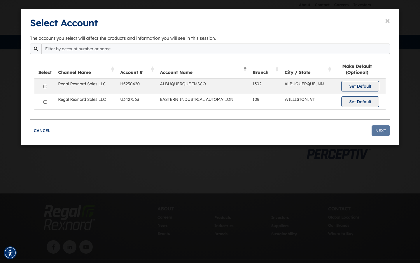 Select Account modal listing the available accounts