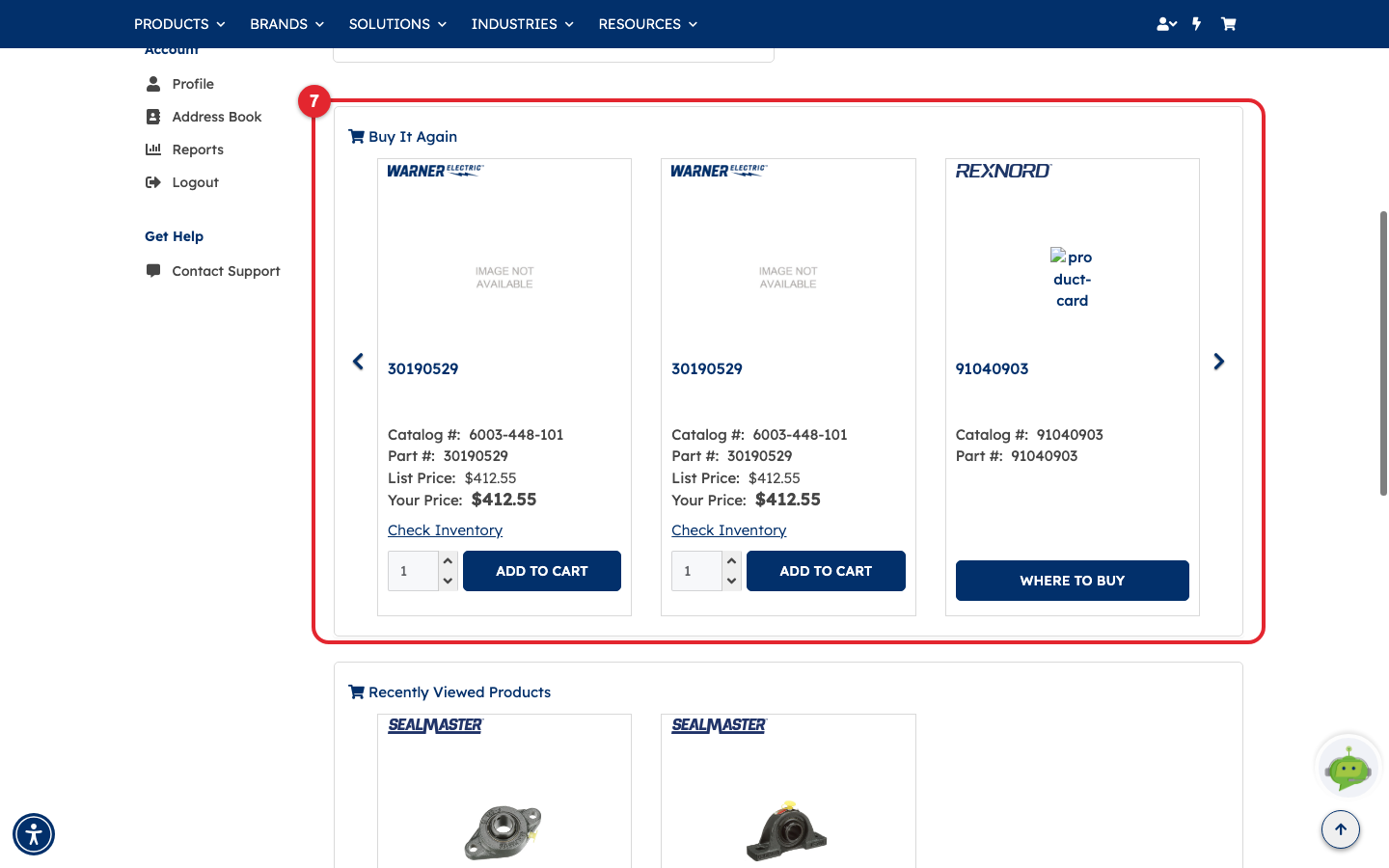 The Buy It Again carousel outlined as 7, showing three previously ordered products
