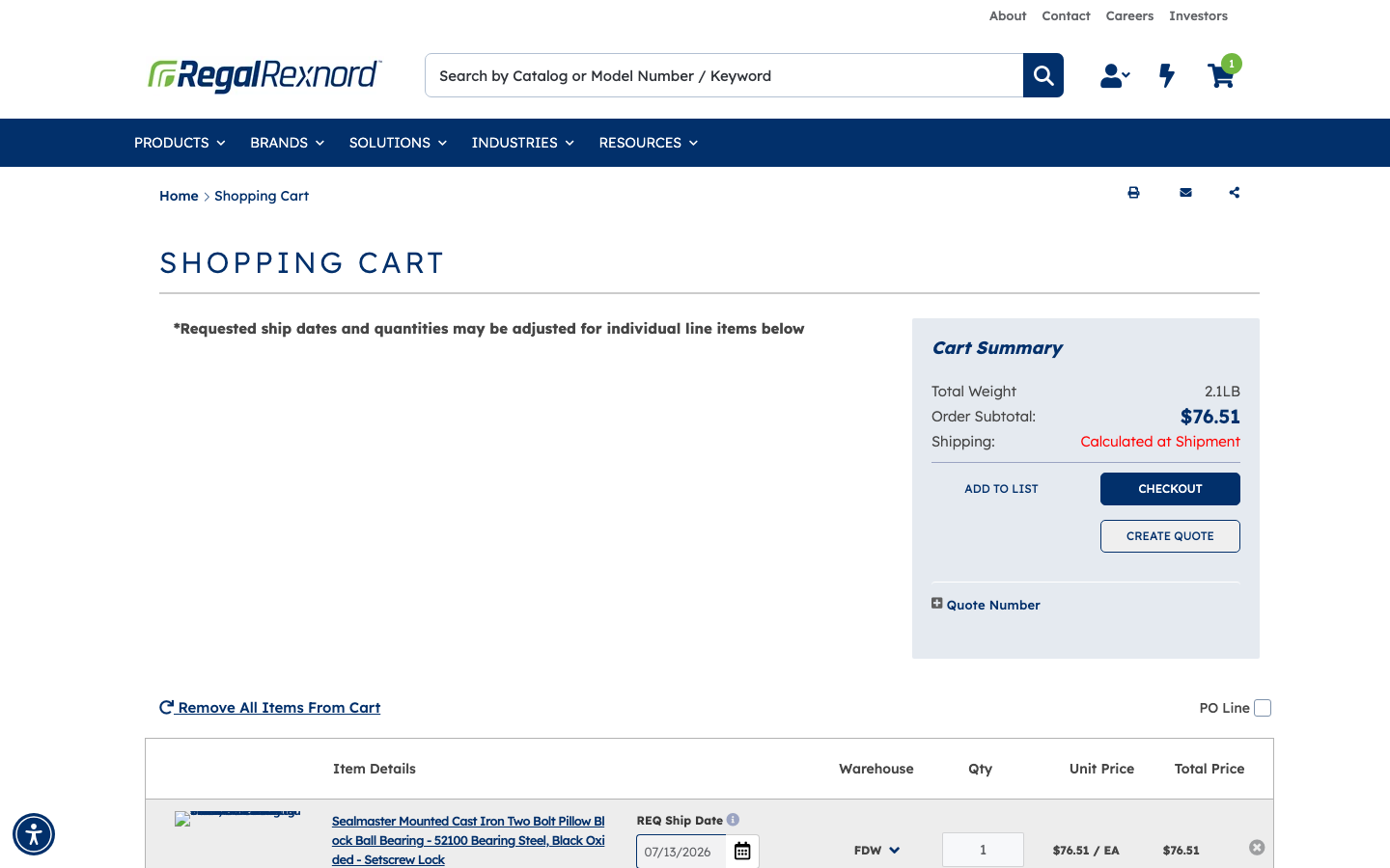 Shopping Cart page showing a line item and the Quote Number section in the Cart Summary panel