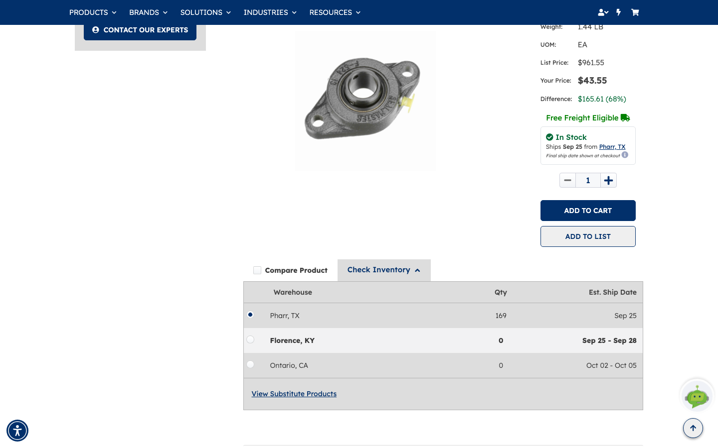 The expanded Check Inventory panel showing a warehouse table with three locations, available quantity and estimated ship dates, plus a View Substitute Products link